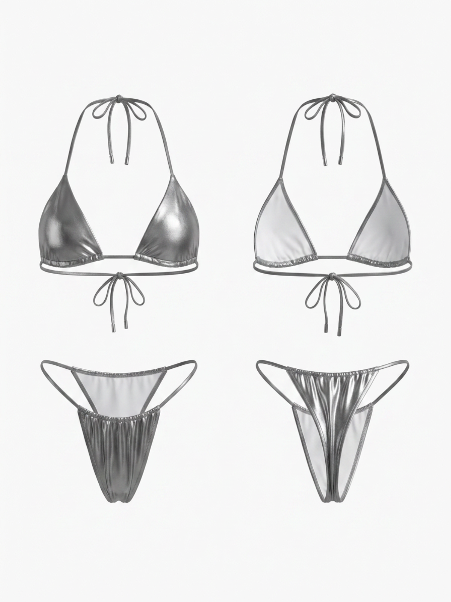 Metallic Silver Shiny String Triangle Thong Bikini