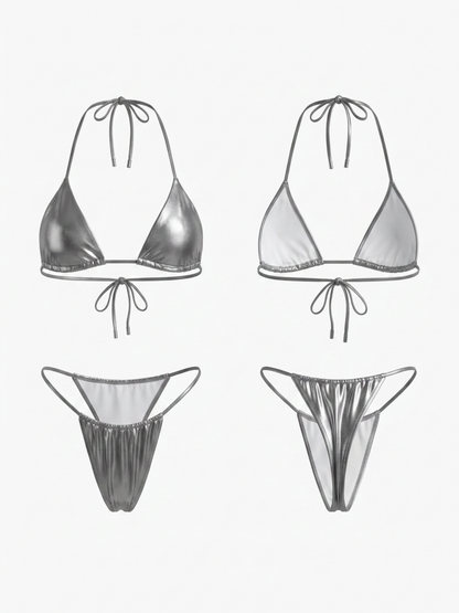 Metallic Silver Shiny String Triangle Thong Bikini