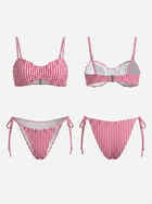 Pink White Vertical Stripe Underwire Ruffle Side Tie Bikini Set