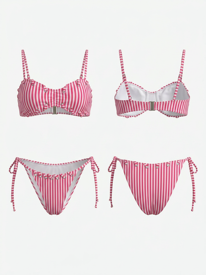 Pink White Vertical Stripe Underwire Ruffle Side Tie Bikini Set