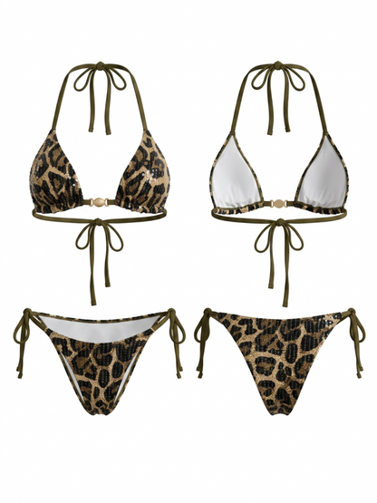 Glitter Leopard Print Thin Halter Bikini