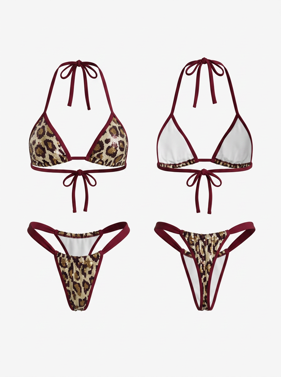 Slim Fit Glitter Leopard Thin Halter Bikini