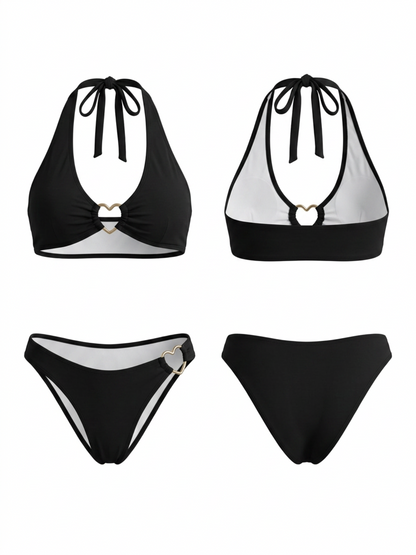 Black Heart Cutout Halter High Cut Two Piece Bikini