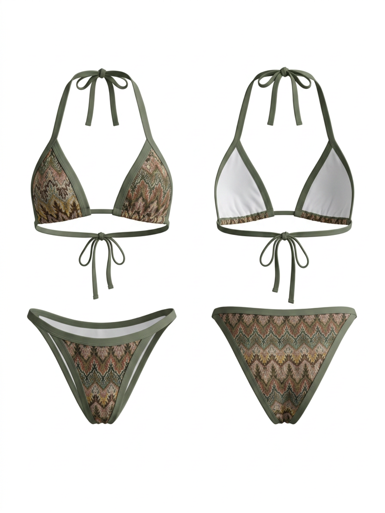 Boho Chevron Print Contrast Green Trim Halter Bikini Set