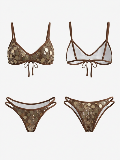 Champagne Gold Sequin Thin Strap High Cut Two Piece Bikini
