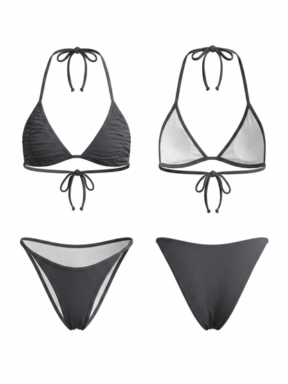 Dark Grey Ruched Halter Thin String High Cut Two Piece Bikini