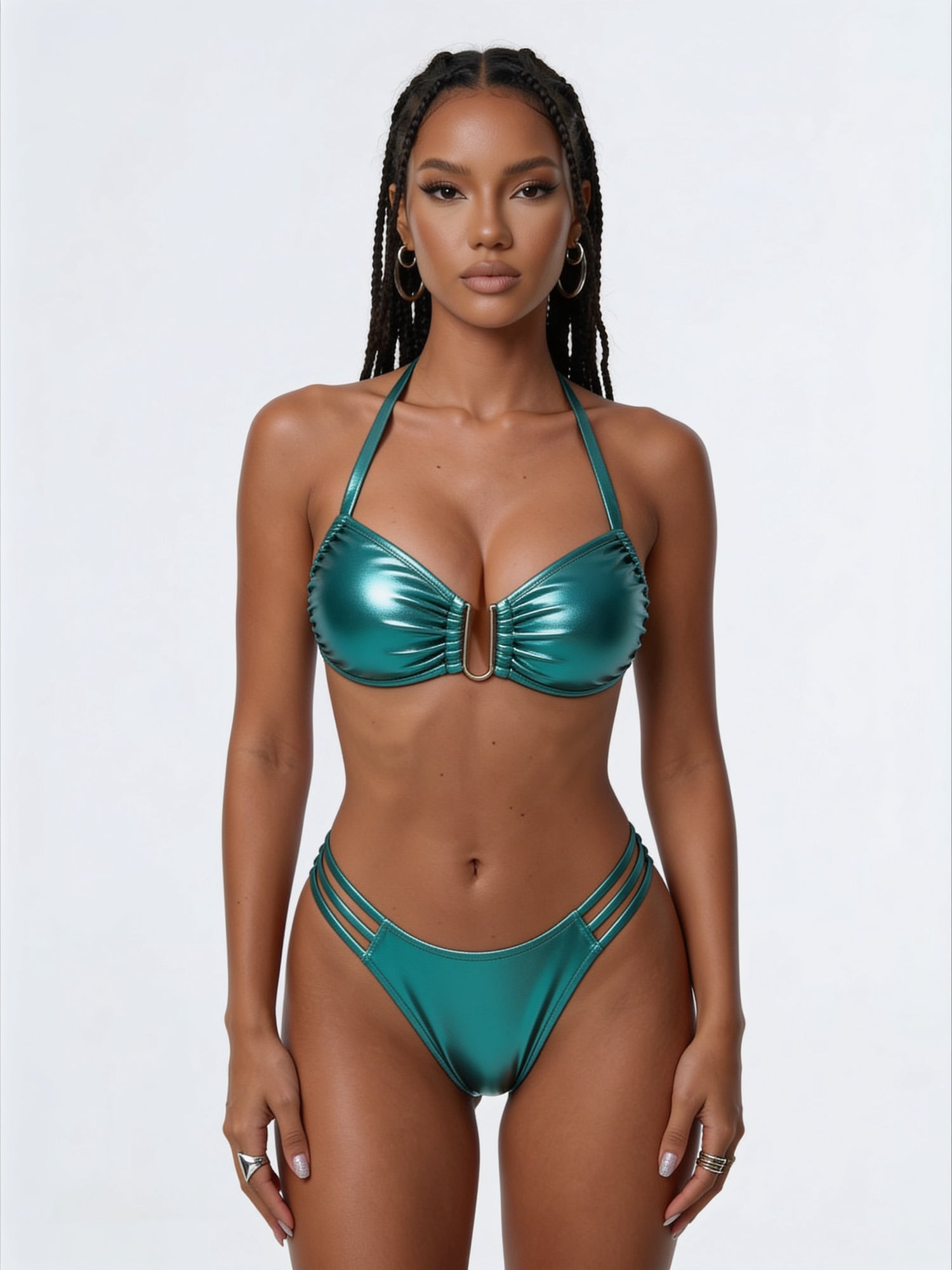Metallic Sage Green U-Ring Thin Strap Triple Band Bikini Set