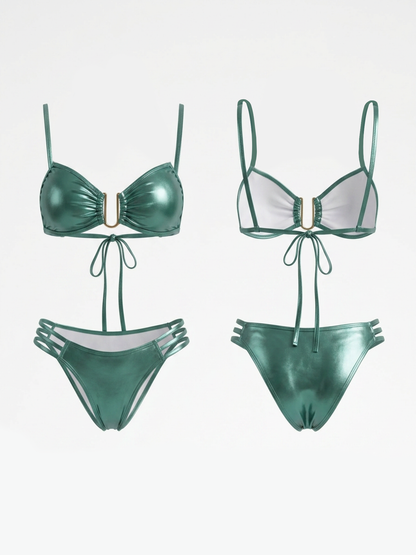 Metallic Sage Green U-Ring Thin Strap Triple Band Bikini Set