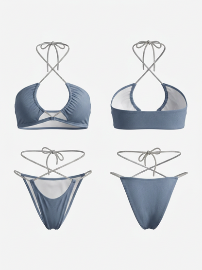 Light Blue Rhinestone Crisscross Hollow Out Halter Bikini Set