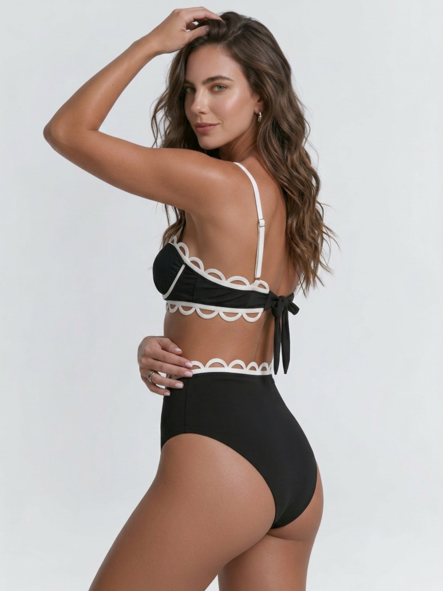 Black White Scallop Trim High Waist Cutout Two Piece Bikini Set