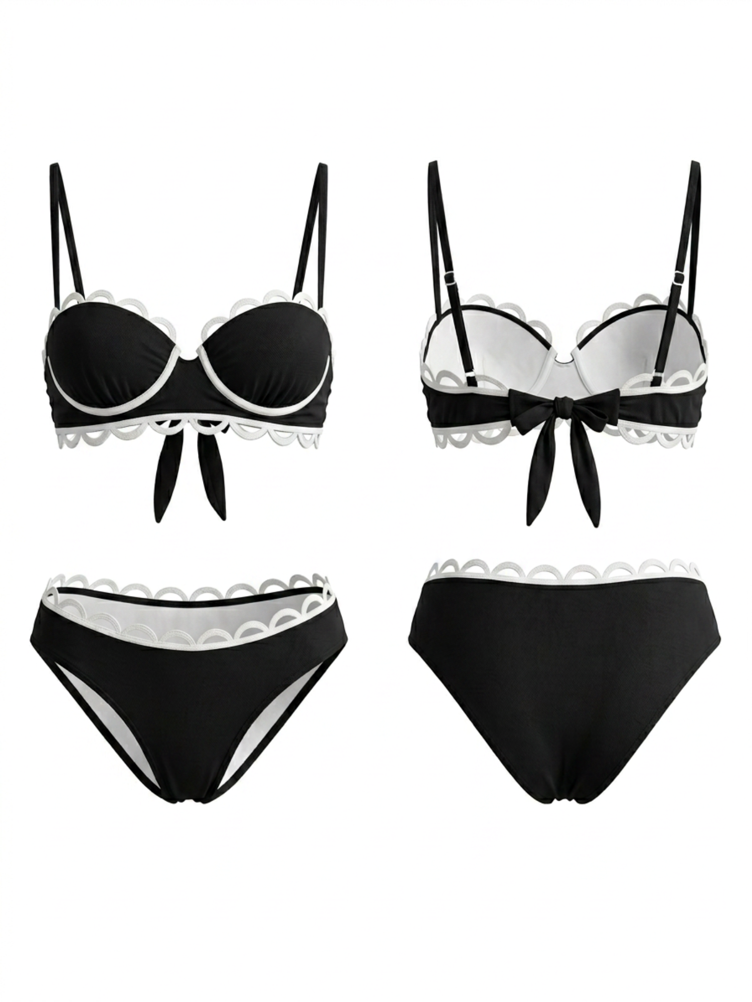 Black White Scallop Trim High Waist Cutout Two Piece Bikini Set