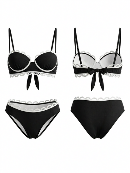 Black White Scallop Trim High Waist Cutout Two Piece Bikini Set