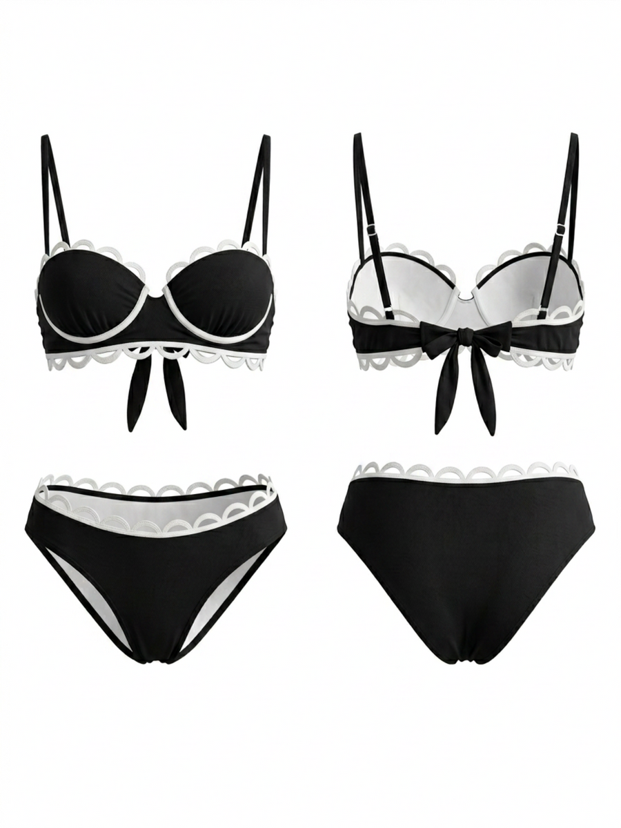 Black White Scallop Trim High Waist Cutout Two Piece Bikini Set