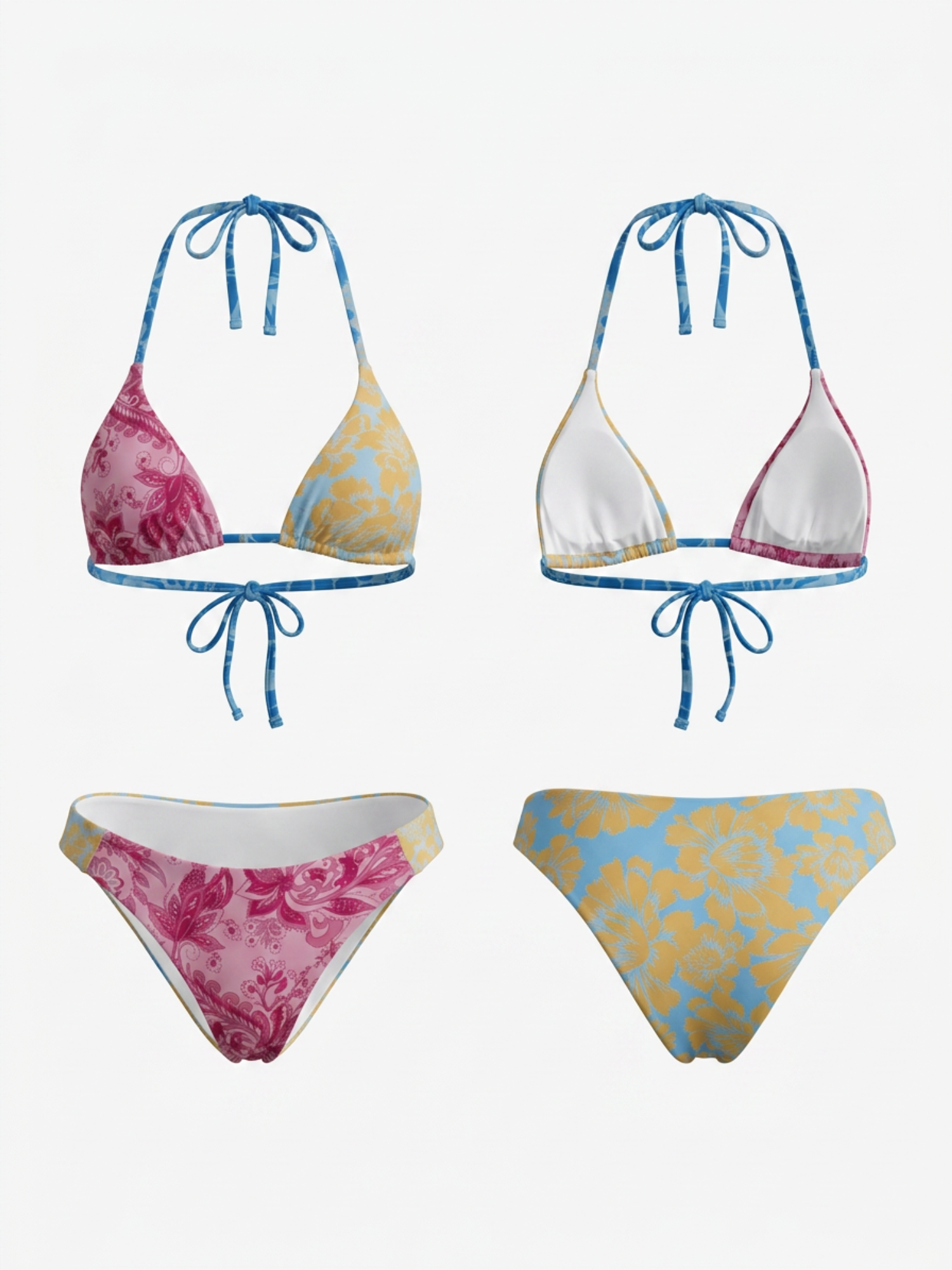 olor Block Floral Patchwork Halter Triangle Bikini