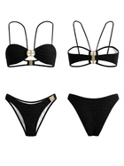 Black Metal Double O Ring Halter Bandeau Two Piece Bikini Set