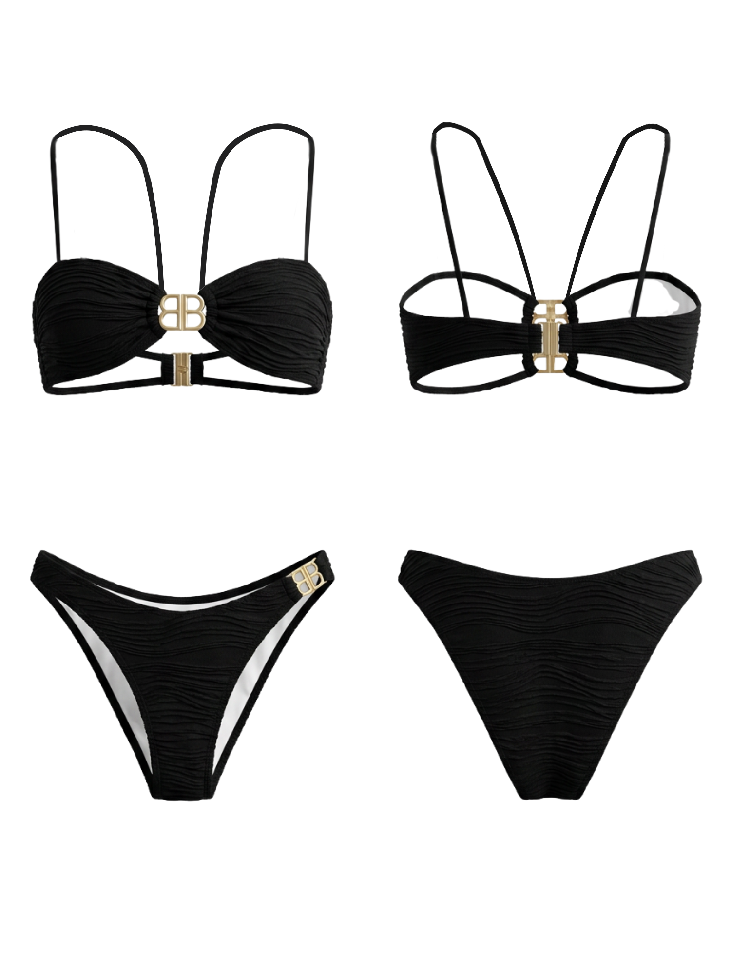 Black Metal Double O Ring Halter Bandeau Two Piece Bikini Set