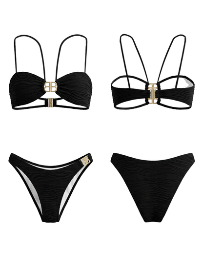 Black Metal Double O Ring Halter Bandeau Two Piece Bikini Set