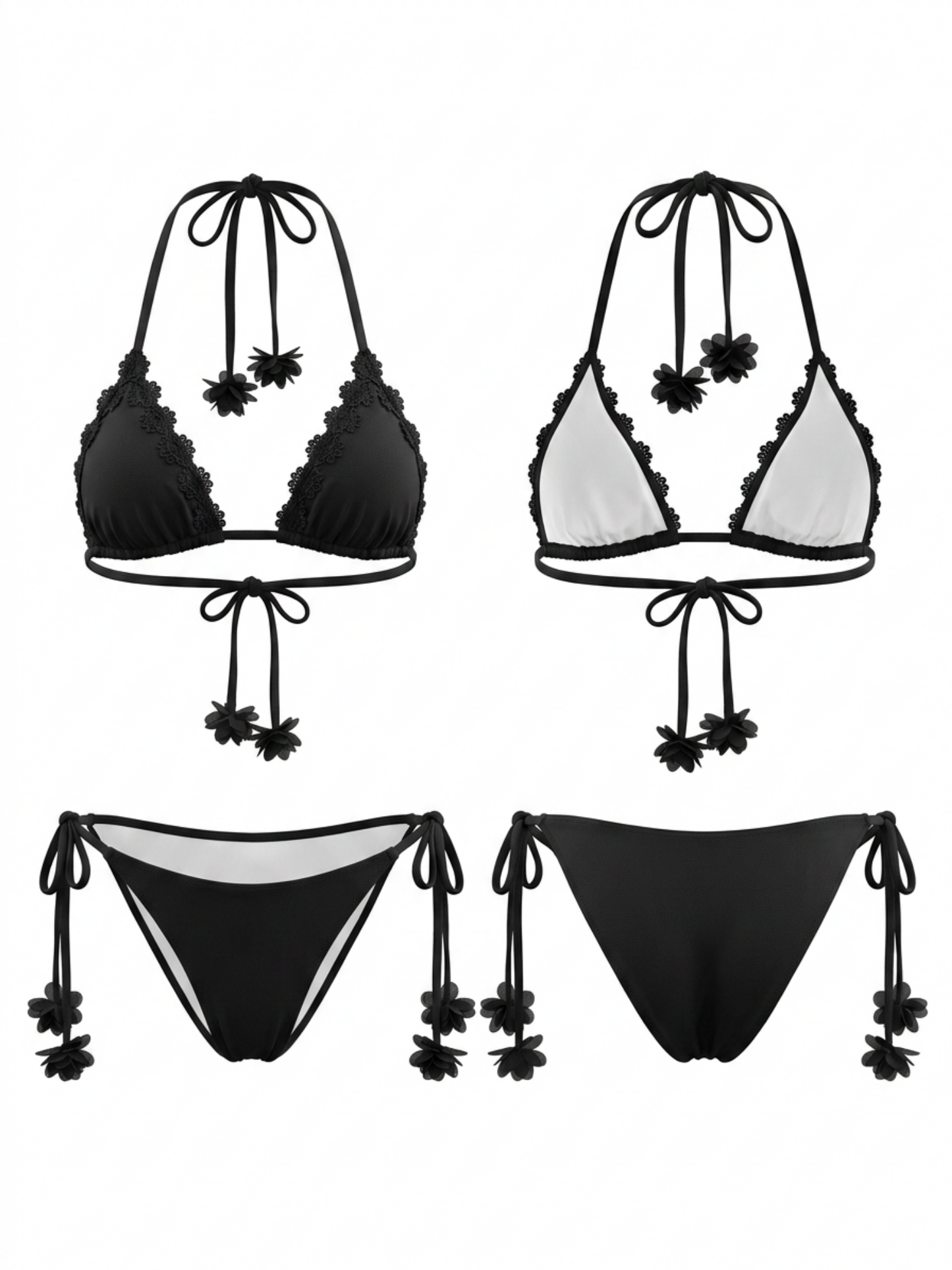 Black 3D Floral Trim Halter Side Tie Bikini