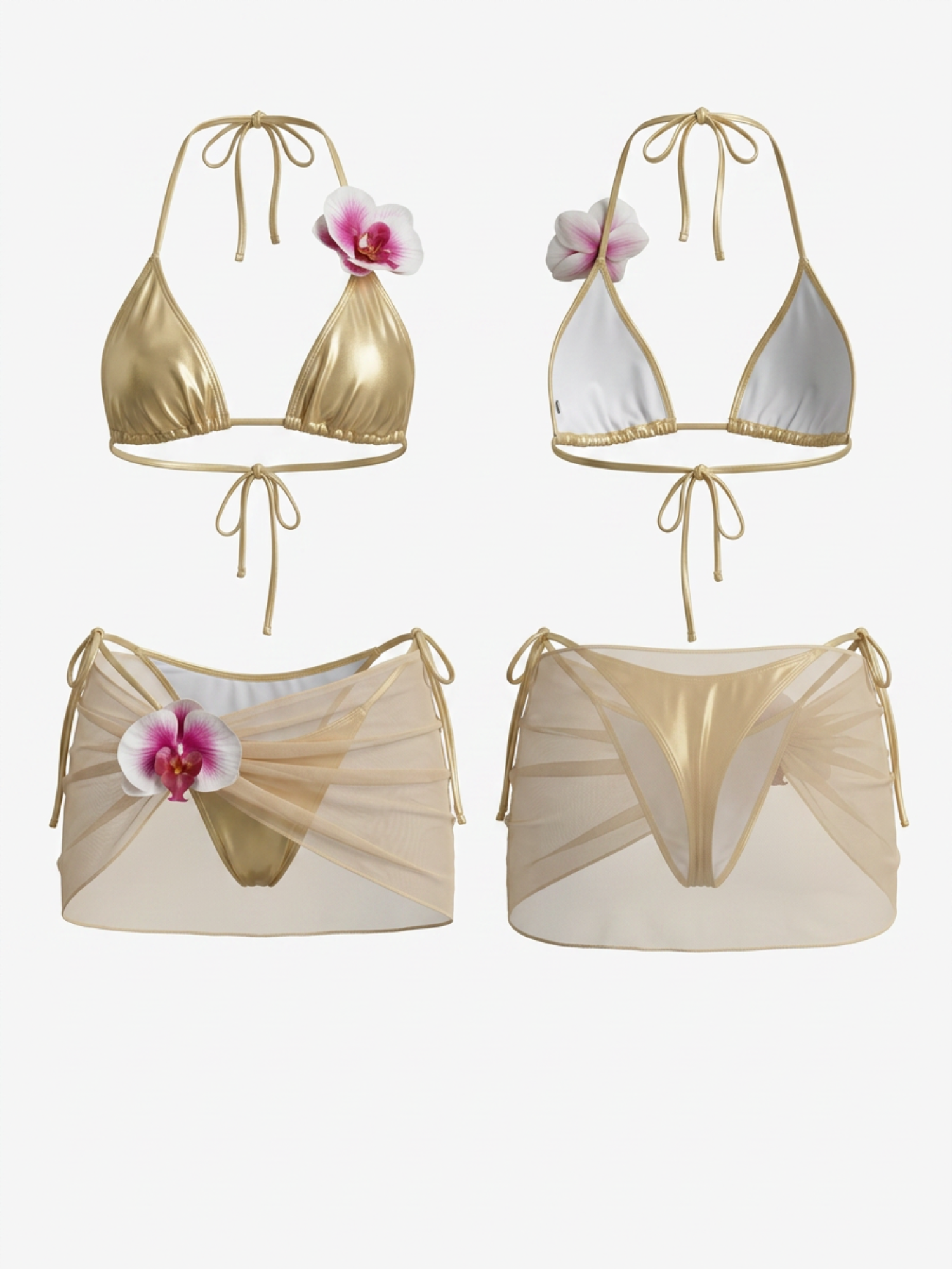 Shiny Satin Bikini with Mesh Sarong 3 Piece Set