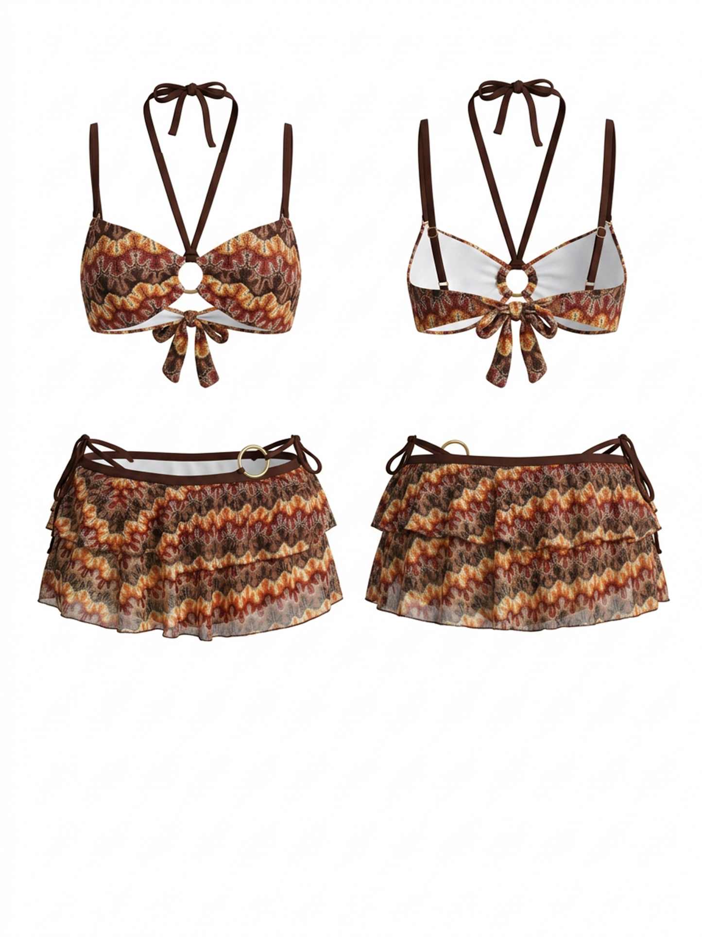 Retro Wave Print Bikini 3 Piece Skirt Set