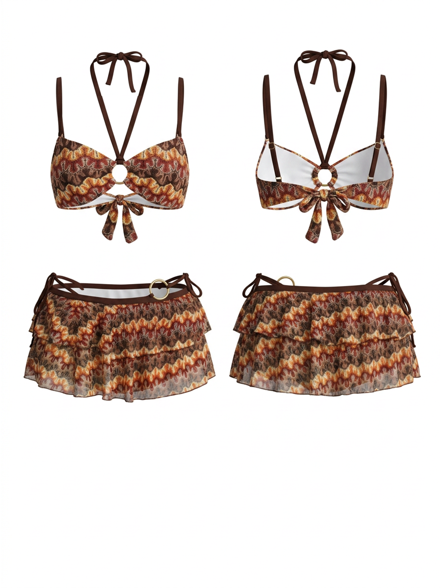 Retro Wave Print Bikini 3 Piece Skirt Set