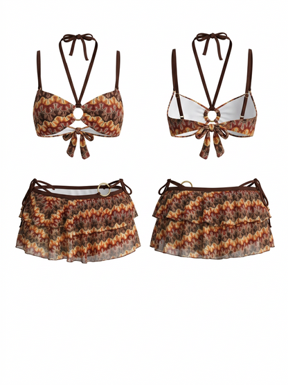 Retro Wave Print Bikini 3 Piece Skirt Set