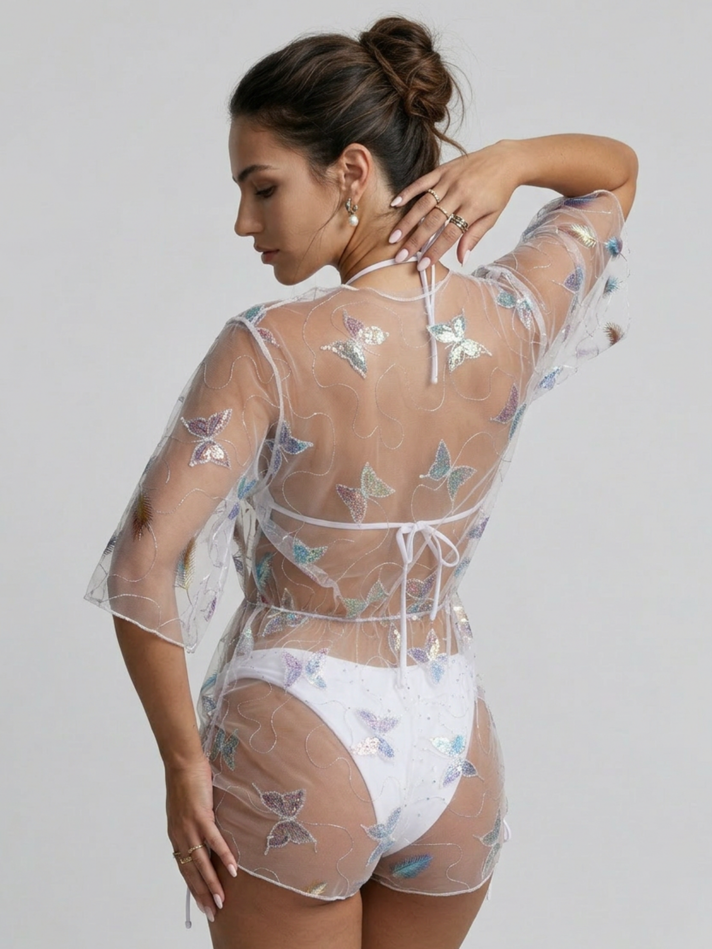 Sparkly Mesh Kimono Romper Swim Cover Up 3 Piece