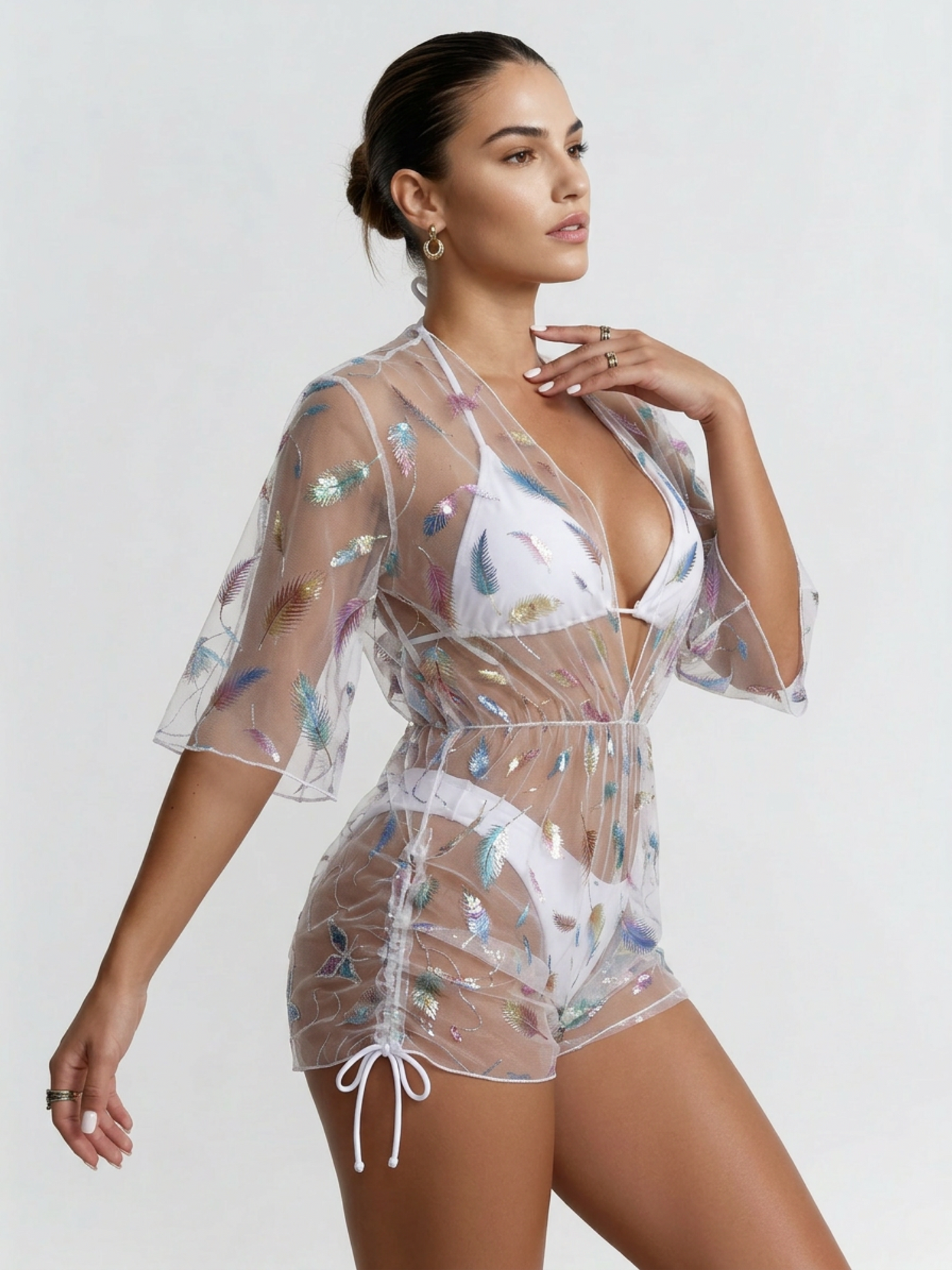 Sparkly Mesh Kimono Romper Swim Cover Up 3 Piece