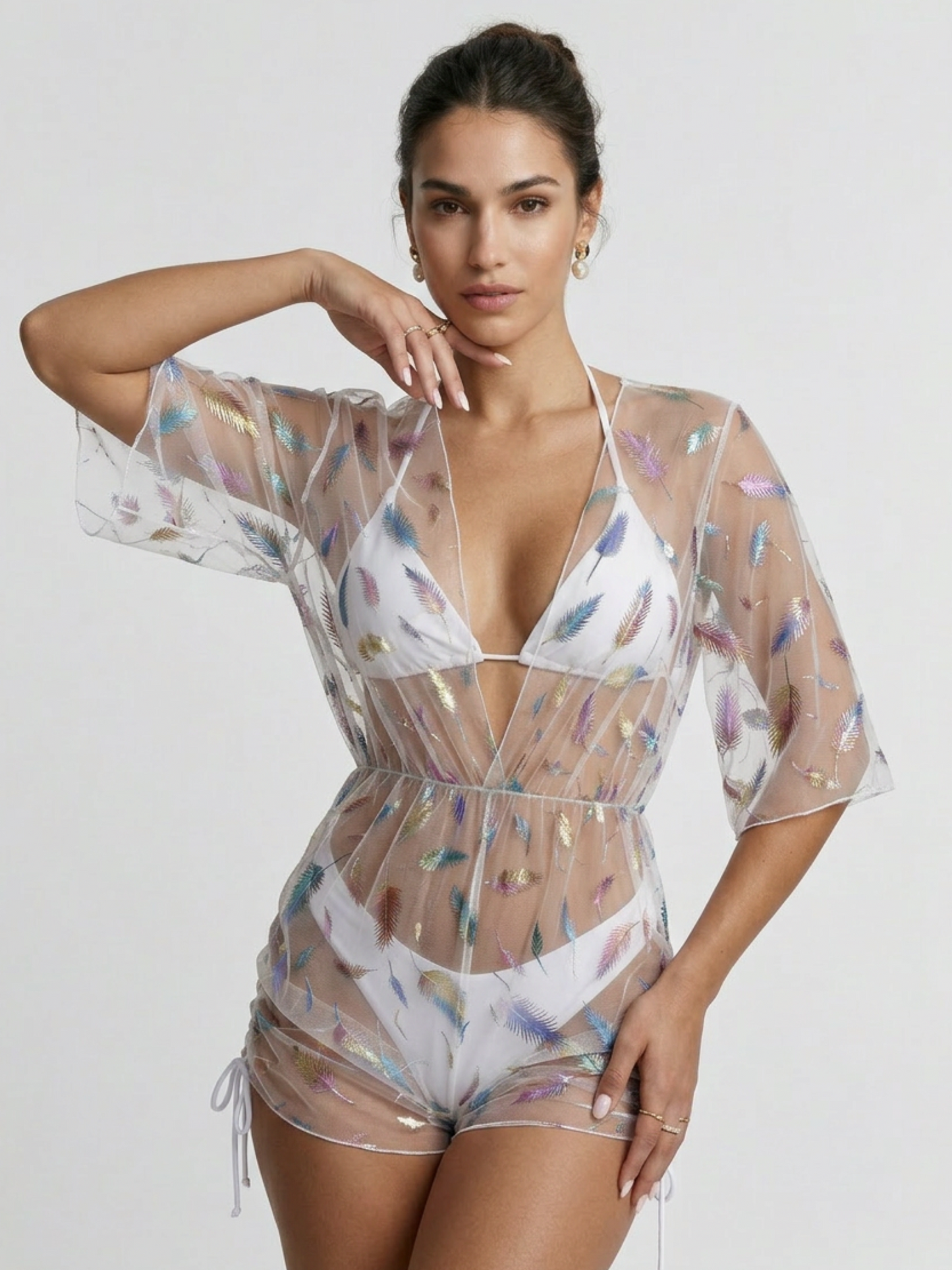 Sparkly Mesh Kimono Romper Swim Cover Up 3 Piece