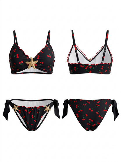 Retro Black Cherry Pattern Beach Bikini