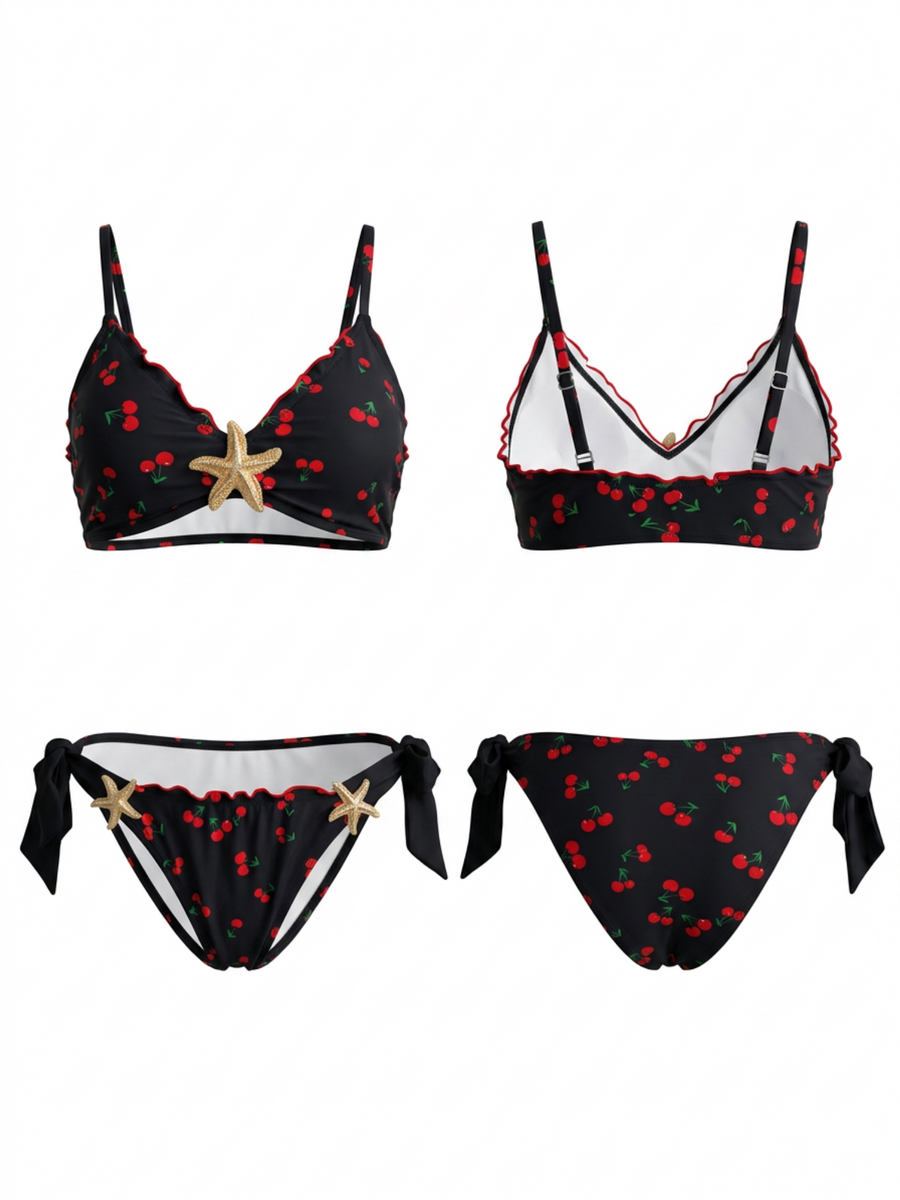 Retro Black Cherry Pattern Beach Bikini