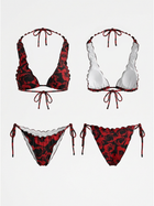 Red Rose Print Ruffled Strap Bikini Set