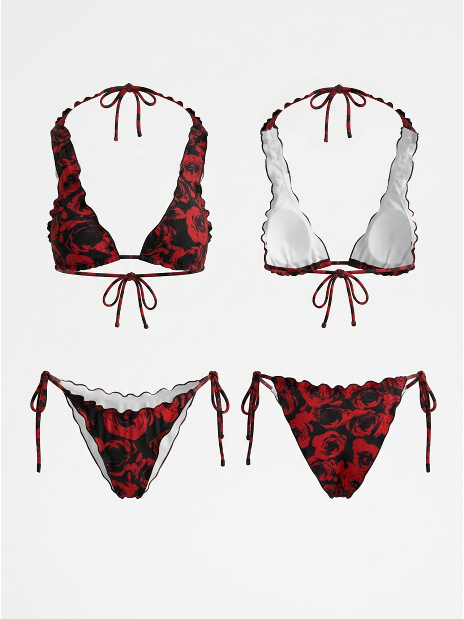 Red Rose Print Ruffled Strap Bikini Set