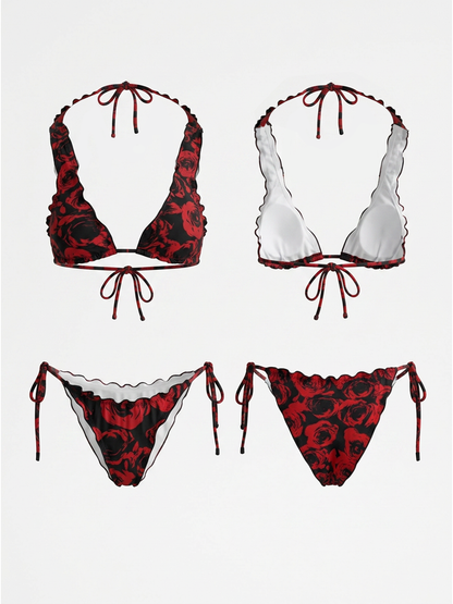 Red Rose Print Ruffled Strap Bikini Set
