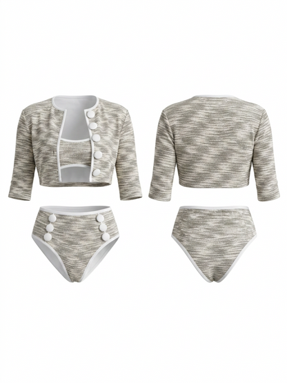 Marled Knit 3 Piece Bikini with Crop Cardigan