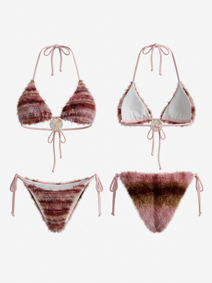 Fuzzy Stripe Triangle Tie Side Bikini Set