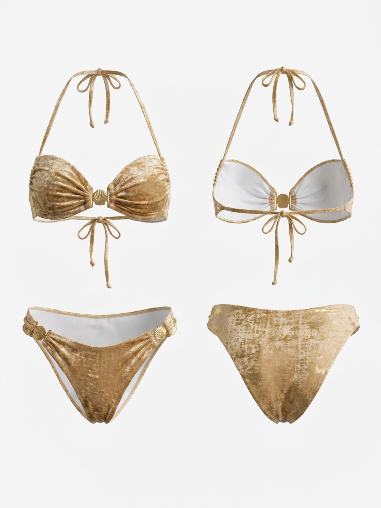 Gold Foil Shell Buckle Halter Two Piece Bikini Set