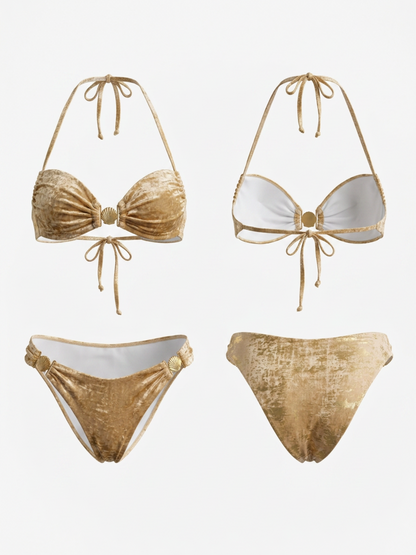 Gold Foil Shell Buckle Halter Two Piece Bikini Set