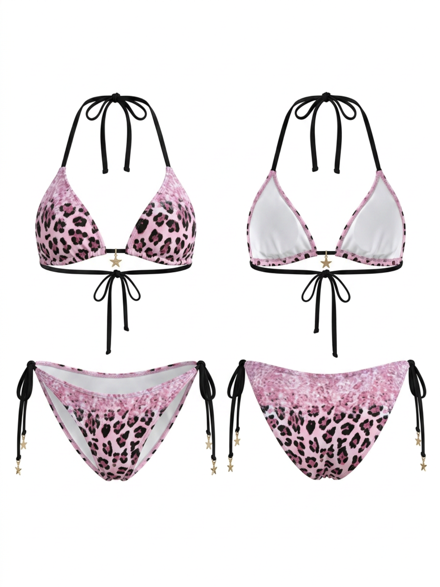 Pink Gradient Leopard Halter Side Tie Bikini Set