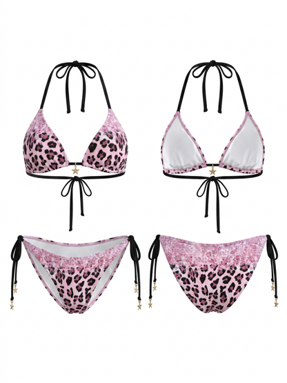 Pink Gradient Leopard Halter Side Tie Bikini Set