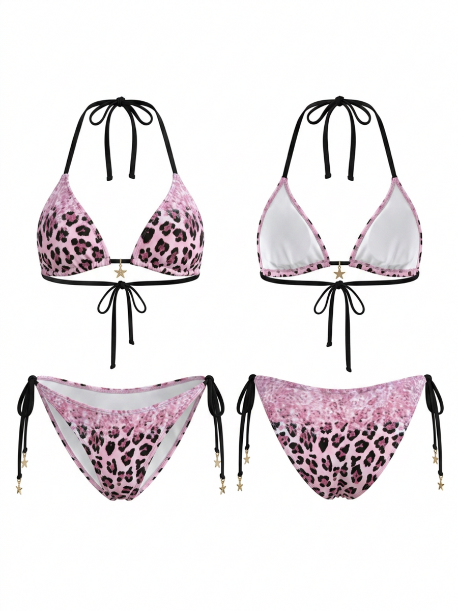 Pink Gradient Leopard Halter Side Tie Bikini Set