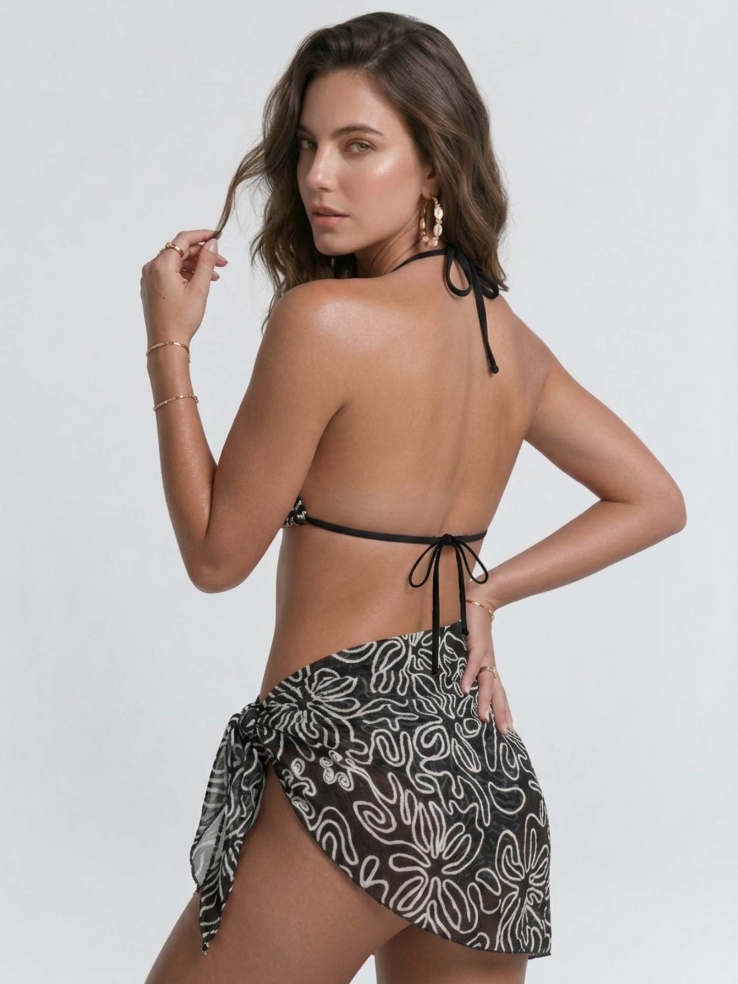 Abstract Print Bikini with Wrap Skirt 3 Piece Swim Set
