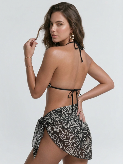 Abstract Print Bikini with Wrap Skirt 3 Piece Swim Set