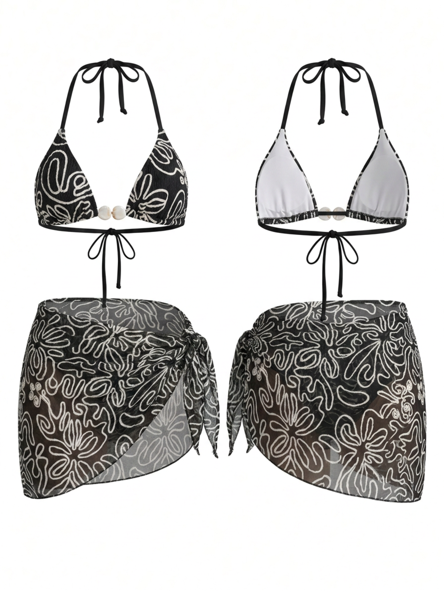 Abstract Print Bikini with Wrap Skirt 3 Piece Swim Set