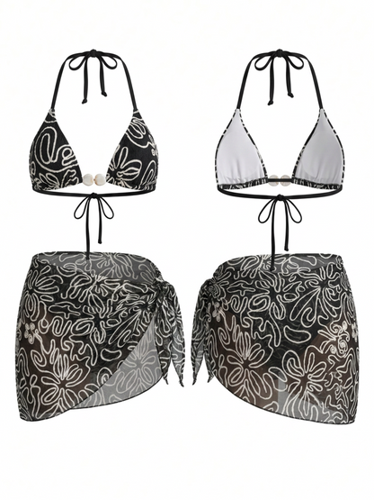 Abstract Print Bikini with Wrap Skirt 3 Piece Swim Set