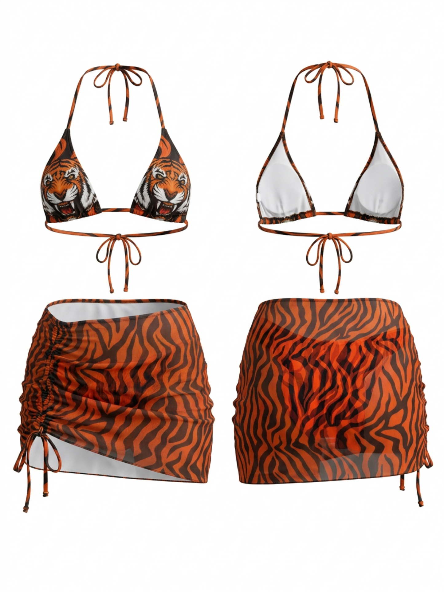 Tiger Print Bikini + Zebra Stripe Skirt 3 Piece Swim Set