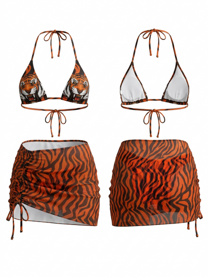 Tiger Print Bikini + Zebra Stripe Skirt 3 Piece Swim Set