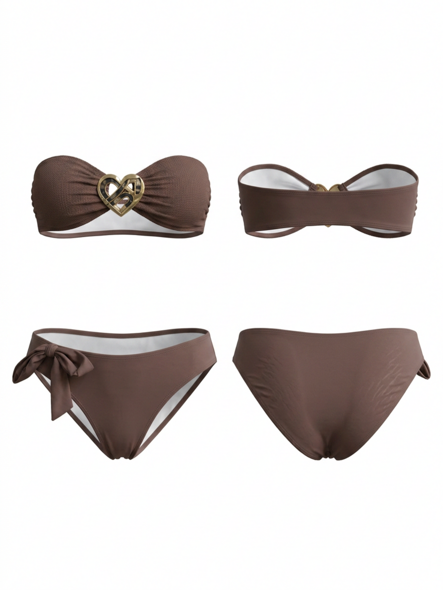 Heart Metal Buckle Strapless Bow Bikini Set