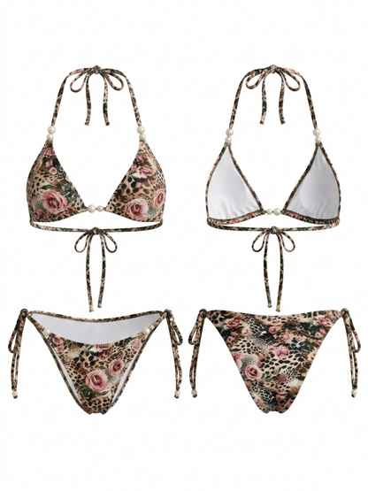 Floral Leopard Print Pearl Halter Side Tie Bikini Set