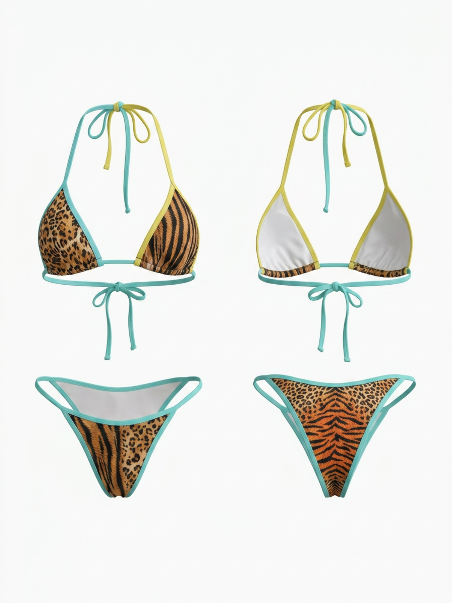 Color Block Leopard Tiger Print Halter Bikini Set